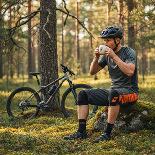 Maastopyöräilevä mies metsässä pitämässä taukoa ja juomassa Haisuli-mukista.