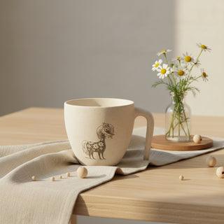 Luonnonvalkoinen Muumimuki, jossa pitkä kahva