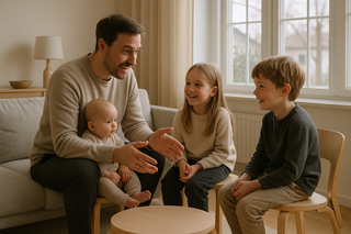 a baby, two kids and a parent, in a nordic home, with the parent teaching/explaining something to the kids, kids listening and watching while having interested but joyful apperances. Joyful and warm atmosphere. Nordic minimalism and Finnish Design furniture. Smooth lighting.